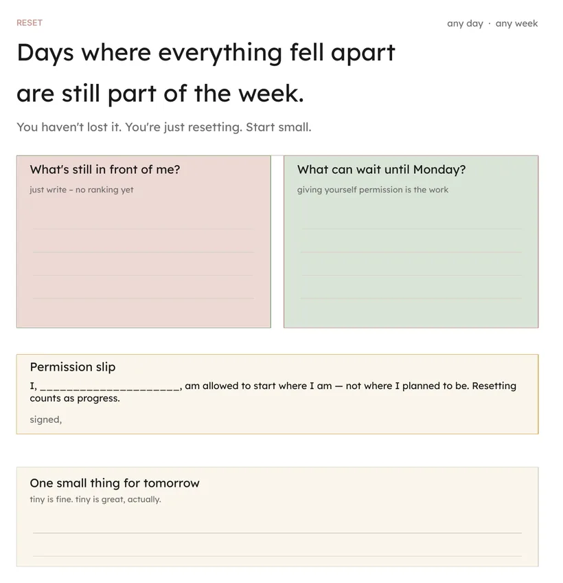 The Weekly Reset page. Its heading reads: Days where everything fell apart are still part of the week. Below are four calm boxes: What's still in front of me, What can wait until Monday, a permission slip to start where I am, and one small thing for tomorrow.